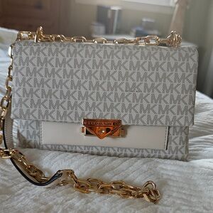 Michael Kors Cece Medium Logo Shoulder Bag Cream Gray and Gold
